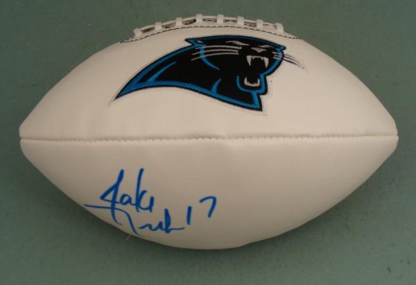 Jake Delhomme Carolina Panthers Signed Football: This football was signed by the current Carolina Panthers quarterback Jake Delhomme. The autograph is in blue marker, and has his jersey number 17. He chose the number 17 after his first daughter's bi