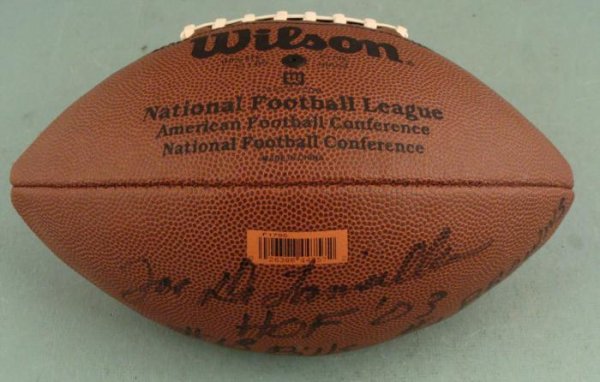 Joe DeLamielleure HOF Signed NFL Football Browns, Bills: This football was signed by former offensive lineman and Hall of Famer Joe DeLamielleure. The autograph is in black marker, and also highlighted is his HOF year, '03, and his jersey numbers with the B