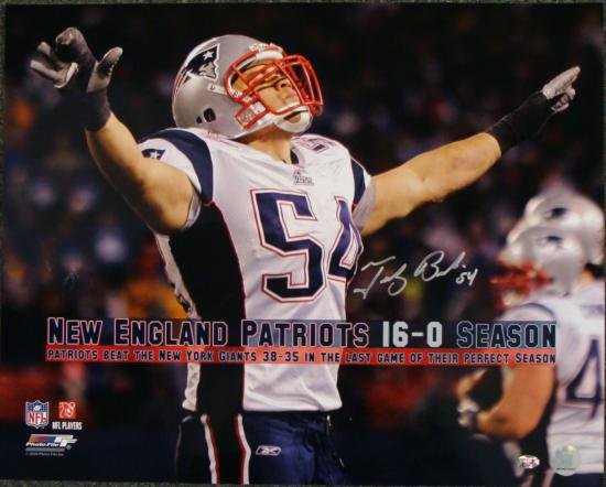 New England Patriots Teddy Bruschi Signed Photo NFL: This is a full color glossy horizontal 16x20 close-up photograph of Ted Bruschi just after time ran out on the clock on the final game of the season which wrapped up the Patriots Perfect Season. Teddy