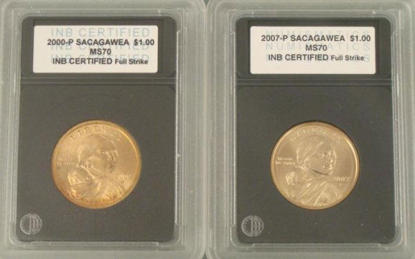 2000-P, 2007-P Sacagawea Dollar Coins Certified MS70: 2000-P + 2007-P Sacagawea Dollar CoinsGrade: Mint State 70INB Certified