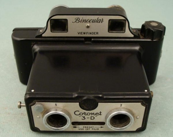 Coronet 3-D Stereo Camera 127 England 1950: Here is a Coronet 3-D Stereo camera from around 1950 from England. It has not been tested with film, although there is a roll of exposed 27 film included. The shutter does not appear to function. It h