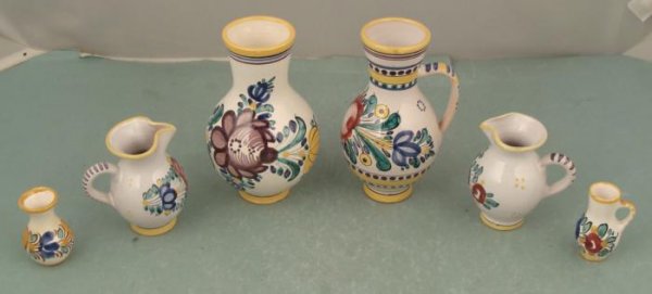 6 Pc Czech Pottery Hand Painted Vases Pitchers: Here are 6 hand painted pottery pieces, all made in Czechoslovakia over 30 years ago. They have natural tone glaze, with traditional floral patterns. Each is stamped and/or marked on the bottom. They 