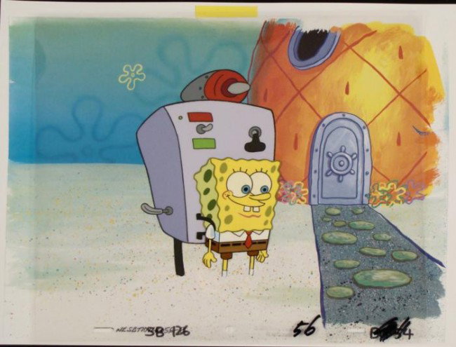 Original Cel Animation Surprise Background Spongebob: This animation cel and reproduction background are from the Nickelodeon TV show SpongeBob Squarepants. The story takes place under the deep blue sea in Bikini Bottom, where Sponge