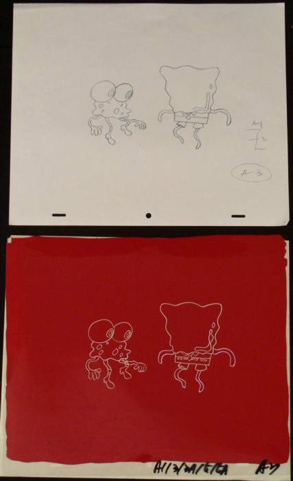 Drawing Cel Spongebob Squiggly Original Production Art: This original animation cel and drawing are from the Nickelodeon TV show SpongeBob Squarepants. The story takes place under the deep blue sea in Bikini Bottom, where SpongeBo