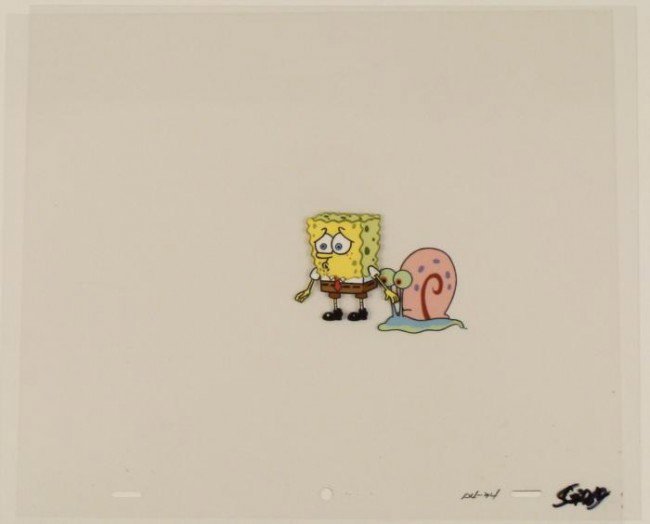 Original SpongeBob And Gary Animation Cel Art Pet Snail: This original animation cel is from the Nickelodeon TV show SpongeBob Squarepants. The story takes place under the deep blue sea in Bikini Bottom, where SpongeBob resides. Sp