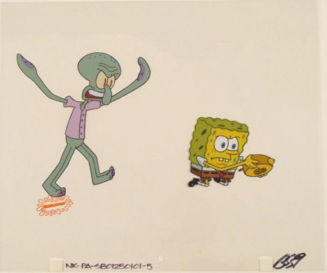 Spongebob Original Animation STOP Art Cel: This original animation cel is from the Nickelodeon TV show SpongeBob Squarepants. The story takes place under the deep blue sea in Bikini Bottom, where SpongeBob resides. Sp