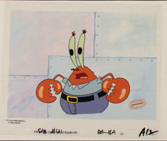 Shocked Background Cel Art Original SpongeBob Animation: This animation cel and reproduction background are from the Nickelodeon TV show SpongeBob Squarepants. The story takes place under the deep blue sea in Bikini Bottom, where Sponge