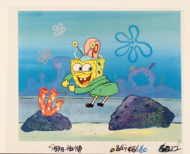 Grooving Cel Original Background Animation Spongebob: This original animation cel and reproduction background is from the Nickelodeon TV show SpongeBob Squarepants. The story takes place under the deep blue sea in Bikini Bo