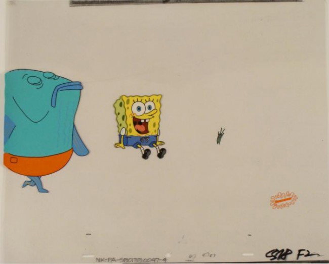 Original Minding Own Business Cel Spongebob Animation: This original animation cel is from the Nickelodeon TV show SpongeBob Squarepants. The story takes place under the deep blue sea in Bikini Bottom, where SpongeBob r