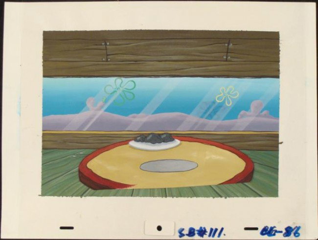Table Original Cel Production Background SpongeBob Art: This original hand-painted background and animation cel are from the Nickelodeon TV show SpongeBob Squarepants. The story takes place under the deep blue sea in Bikini B