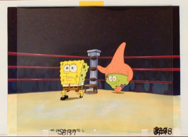 Background Spongebob Whats This Original Animation Cel: This original animation cel and reproduction background are from the Nickelodeon TV show SpongeBob Squarepants. The story takes place under the deep blue sea in Bikini B