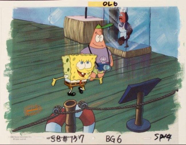 Original SpongeBob Production Background Art Cel Museum: This animation cel and reproduction background are from the Nickelodeon TV show SpongeBob Squarepants. The story takes place under the deep blue sea in Bikini Bottom, where Sponge