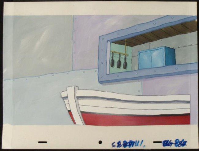 Animation SpongeBob Original Art Boat Background Cel: This original hand-painted background and animation cel are from the Nickelodeon TV show SpongeBob Squarepants. The story takes place under the deep blue sea in Bikini B