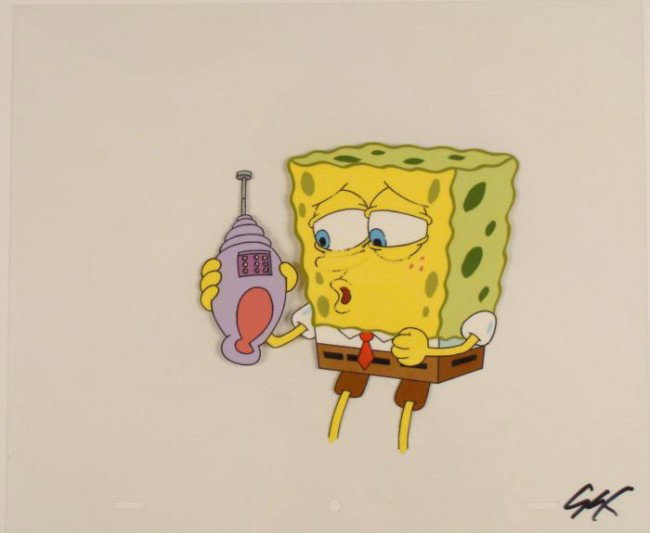 Talking On the Phone Original SpongeBob Cel Animation: This original animation cel is from the Nickelodeon TV show SpongeBob Squarepants. The story takes place under the deep blue sea in Bikini Bottom, where SpongeBob resides. Sp