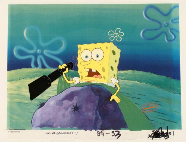 Art Scope SpongeBob Background Animation Cel Original: This animation cel and reproduction background are from the Nickelodeon TV show SpongeBob Squarepants. The story takes place under the deep blue sea in Bikini Bottom, where Sponge