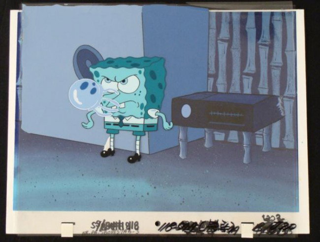 Blue Original Background SpongeBob Production Cel Art: This original hand-painted background and animation cel are from the Nickelodeon TV show SpongeBob Squarepants. The story takes place under the deep blue sea in Bikini B