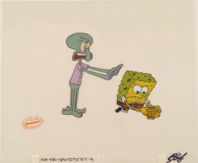 Original Art Hold It Spongebob Production Cel Animation: This original animation cel is from the Nickelodeon TV show SpongeBob Squarepants. The story takes place under the deep blue sea in Bikini Bottom, where SpongeBob resides. Sp
