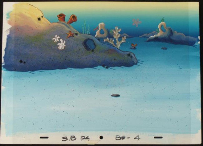 Spongebob Art Background Cel Rocky Original Animation: This original hand-painted background and animation cel are from the Nickelodeon TV show SpongeBob Squarepants. The story takes place under the deep blue sea in Bikini B