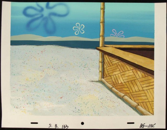 Background Kiosk Original Production SpongeBob Art: This original hand-painted background from the Nickelodeon TV show SpongeBob Squarepants. The story takes place under the deep blue sea in Bikini Bottom, where SpongeBob resi