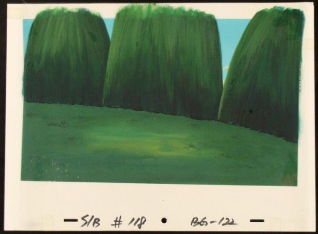 Animation SpongeBob Roof Cel Backgroud Original Art: This original hand-painted background and animation cel are from the Nickelodeon TV show SpongeBob Squarepants. The story takes place under the deep blue sea in Bikini B