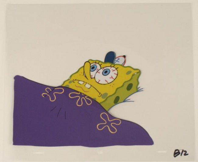 Production Art Cel SpongeBob Red Eyes Sleep Original: This original animation cel is from the Nickelodeon TV show SpongeBob Squarepants. The story takes place under the deep blue sea in Bikini Bottom, where SpongeBob resides. Sp