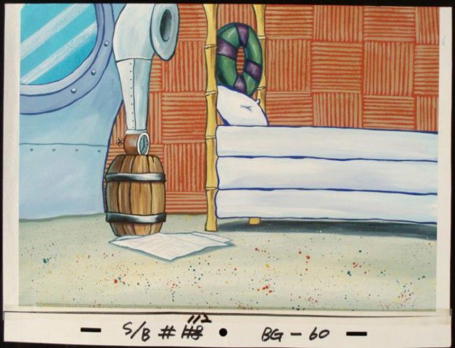 SpongeBob Bedroom Animation Background Original Art: This original hand-painted background from the Nickelodeon TV show SpongeBob Squarepants. The story takes place under the deep blue sea in Bikini Bottom, where SpongeBob resi