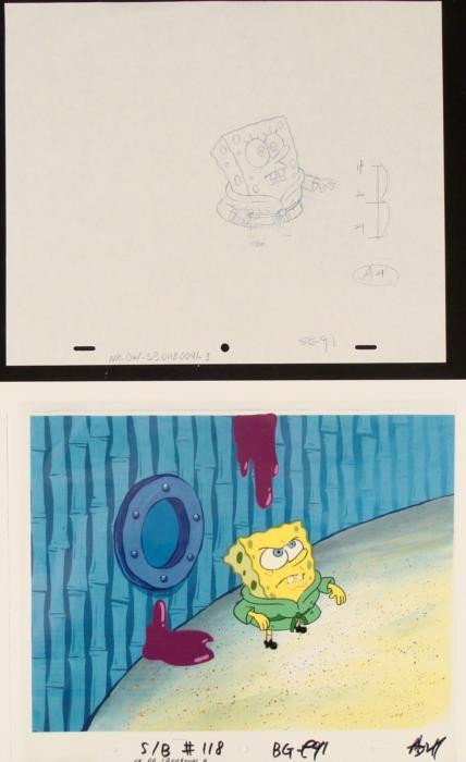 Production SpongeBob Background Cel Orig Drawing Green: This animation cel and reproduction background and drawing are from the Nickelodeon TV show SpongeBob Squarepants. The story takes place under the deep blue sea in Bikini Bottom, 