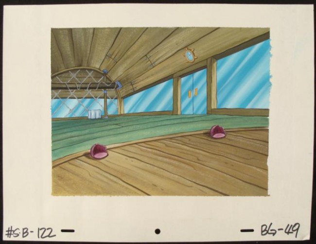 Background Original Stage SpongeBob Production Art: This original hand-painted background from the Nickelodeon TV show SpongeBob Squarepants. The story takes place under the deep blue sea in Bikini Bottom, where SpongeBob resi
