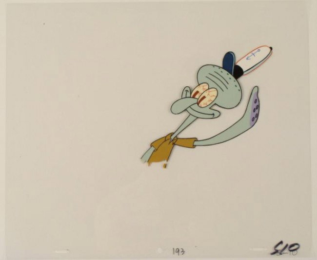 Squidward Bloodshot Cel Original SpongeBob Animation: This original animation cel is from the Nickelodeon TV show SpongeBob Squarepants. The story takes place under the deep blue sea in Bikini Bottom, where SpongeBob resides. Sp