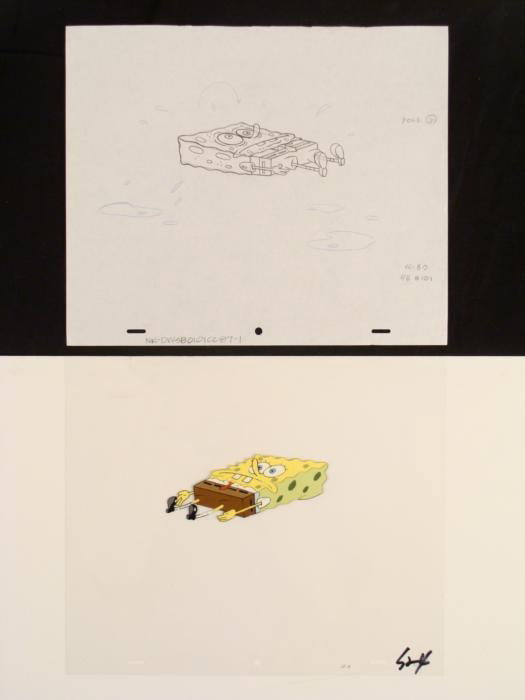 Laying Down Drawing Original Cel SpongeBob Production: This original animation cel is from the Nickelodeon TV show SpongeBob Squarepants. The story takes place under the deep blue sea in Bikini Bottom, where SpongeBob resides. Sp