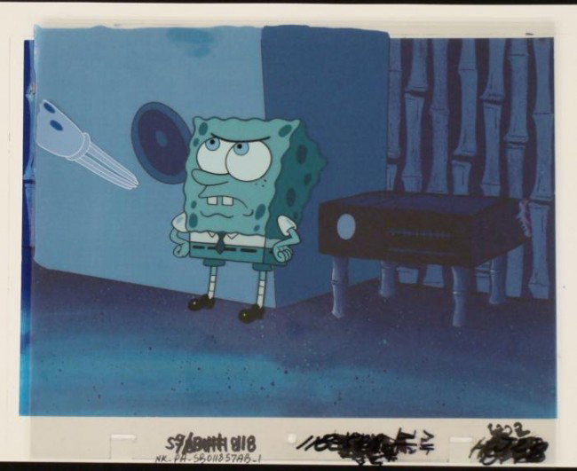 Fish Original SpongeBob Cel Animation Art Background: This animation cel and reproduction background are from the Nickelodeon TV show SpongeBob Squarepants. The story takes place under the deep blue sea in Bikini Bottom, where Sponge