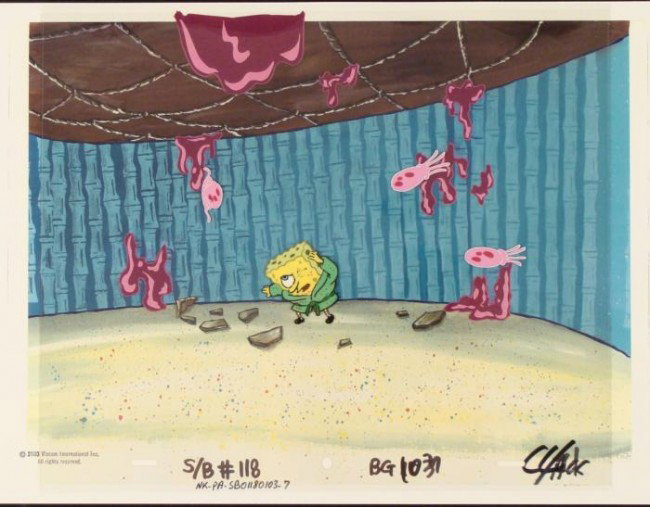 Jellyfish Original Animation SpongeBob Background Cel: This animation cel and reproduction background are from the Nickelodeon TV show SpongeBob Squarepants. The story takes place under the deep blue sea in Bikini Bottom, where Sponge