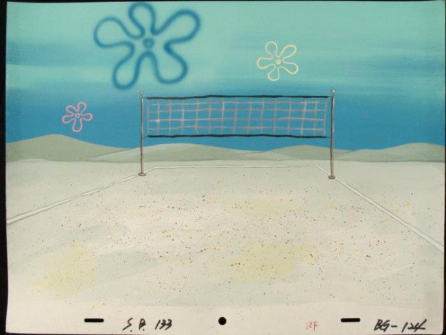 Original Background SpongeBob Volleyball Net Production: This original hand-painted background from the Nickelodeon TV show SpongeBob Squarepants. The story takes place under the deep blue sea in Bikini Bottom, where SpongeBob resi