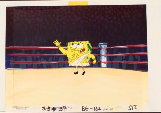 Cel Spongebob All Mighty Background Production Original: This original animation cel and reproduction background are from the Nickelodeon TV show SpongeBob Squarepants. The story takes place under the deep blue sea in Bikini B