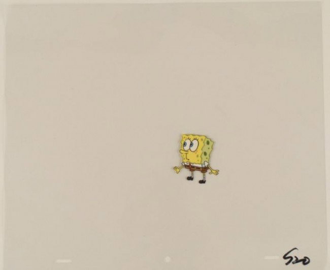 Animation Cel SpongeBob Looking Amazment Art Original: This original animation cel is from the Nickelodeon TV show SpongeBob Squarepants. The story takes place under the deep blue sea in Bikini Bottom, where SpongeBob resides. Sp