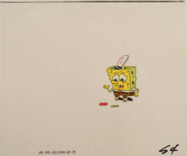 Fell On Floor Cel Original Animaton Cel SpongeBob Sad: This original animation cel is from the Nickelodeon TV show SpongeBob Squarepants. The story takes place under the deep blue sea in Bikini Bottom, where SpongeBob resides. Sp