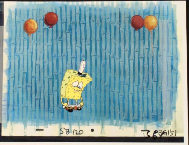 SpongeBob Squarepants Original Cel Animation Background: This animation cel and reproduction background are from the Nickelodeon TV show SpongeBob Squarepants. The story takes place under the deep blue sea in Bikini Bottom, where Sponge