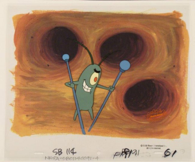 Plankton In SpongeBob Original Animation Cel Background: This animation cel and reproduction background are from the Nickelodeon TV show SpongeBob Squarepants. The story takes place under the deep blue sea in Bikini Bottom, where Sponge