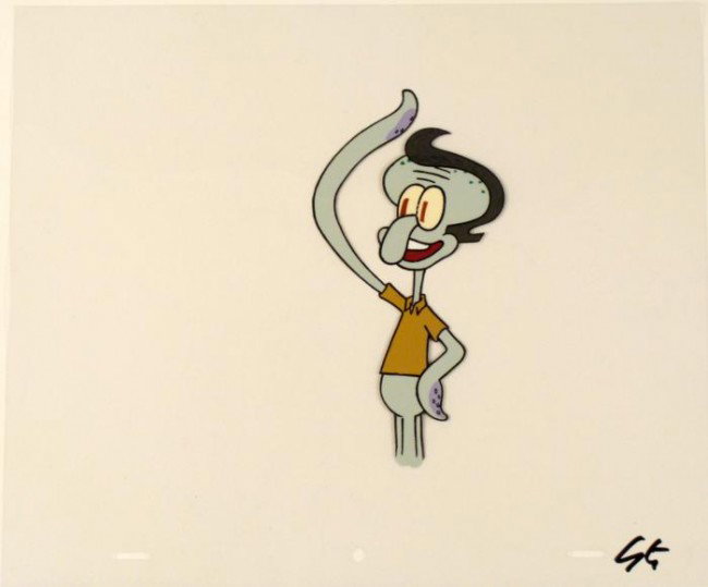 SpongeBob Cel Animation Original Squidward Loving Hair: This original animation cel is from the Nickelodeon TV show SpongeBob Squarepants. The story takes place under the deep blue sea in Bikini Bottom, where SpongeBob resides. Sp