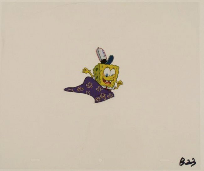 Production Flying Carpet SpongeBob Original Cel Art: This original animation cel is from the Nickelodeon TV show SpongeBob Squarepants. The story takes place under the deep blue sea in Bikini Bottom, where SpongeBob resides. Sp
