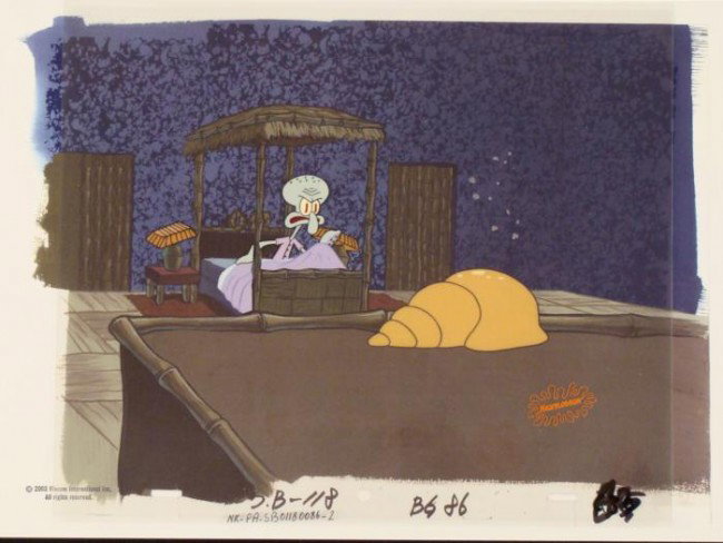 Original SpongeBob Cel Production Background Woke Up: This animation cel and reproduction background are from the Nickelodeon TV show SpongeBob Squarepants. The story takes place under the deep blue sea in Bikini Bottom, where Sponge