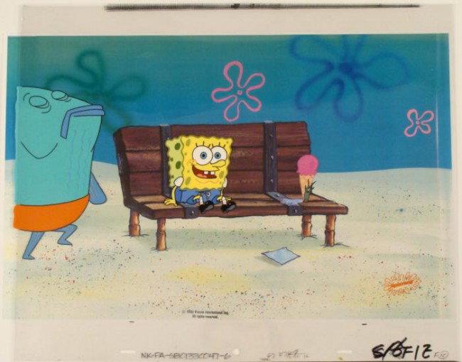 Typical Day Cel Animation Original Spongebob Background: This original animation cel and reproduction background are from the Nickelodeon TV show SpongeBob Squarepants. The story takes place under the deep blue sea in Bikini&n