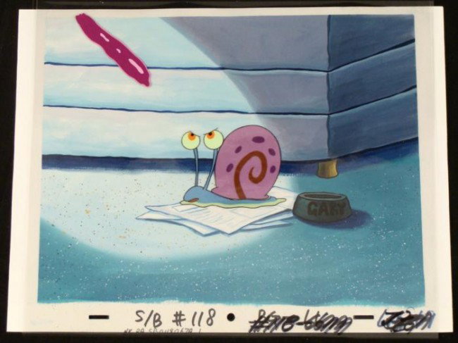 Production Lay Gary Original Cel Background SpongeBob: This animation cel and reproduction background are from the Nickelodeon TV show SpongeBob Squarepants. The story takes place under the deep blue sea in Bikini Bottom, where Sponge