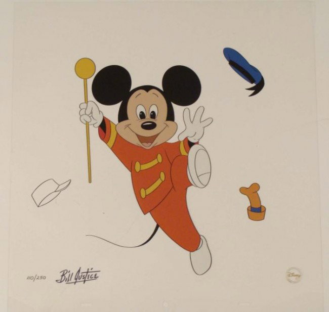 Disney Mickey Mouse LTD ED Sericel -Bill Justice Signed: Here is Mickey Mouse as a Conductor in this limited edition Sericel Art from Walt Disney Condition: Excellent Size: 14" x 14 1/2" These cels are from the Limited Edition of 250 Signed by the animator: