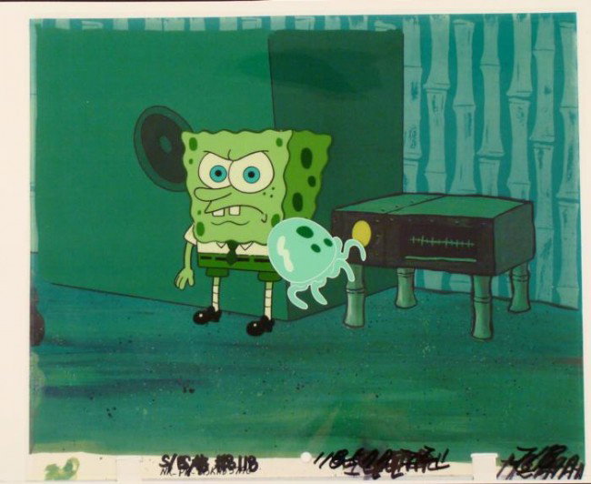 Cel Production Not Happy Original Spongbob Background: This original animation cel and reproduction background are from the Nickelodeon TV show SpongeBob Squarepants. The story takes place under the deep blue sea in Bikini&n