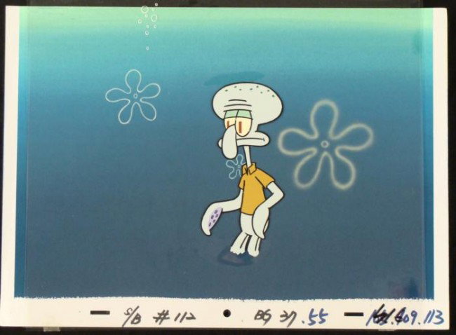 Original Background Production Cel SpongeBob Art Brown: This original hand-painted background and animation cel are from the Nickelodeon TV show SpongeBob Squarepants. The story takes place under the deep blue sea in Bikini B
