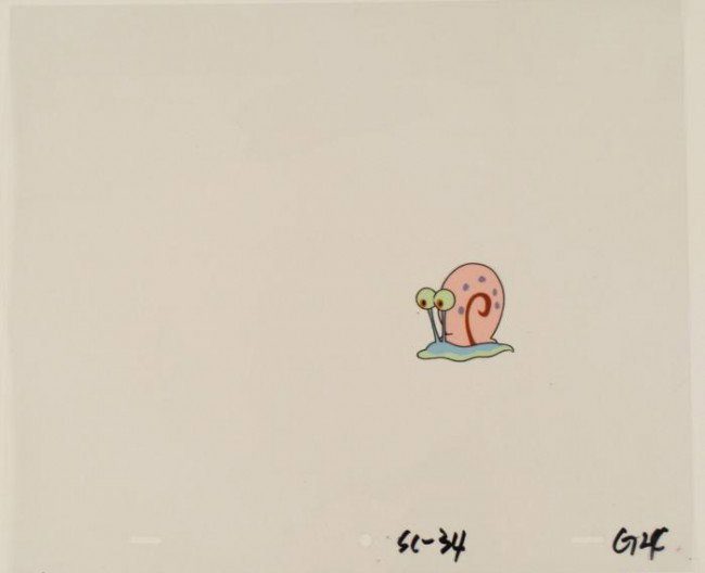Original Gary Snail Cel Pet SpongeBob Production Art:  This original animation cel is from the Nickelodeon TV show SpongeBob Squarepants. The story takes place under the deep blue sea in Bikini Bottom, where SpongeBob resi