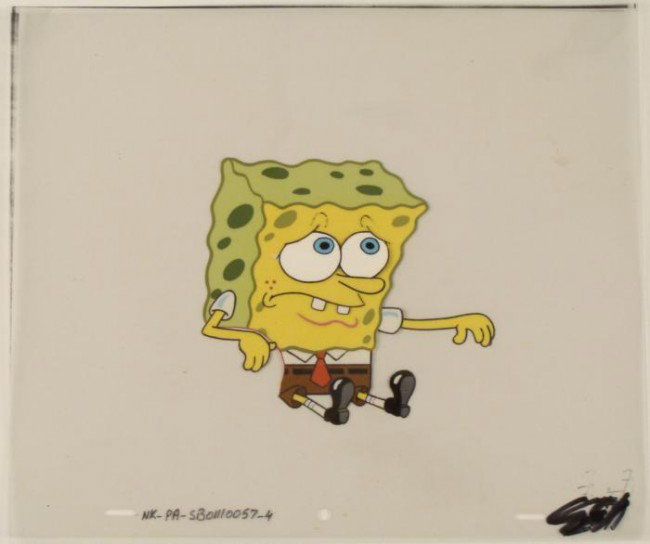 Sitting In Chair SpongeBob Original Art Cel Production: This original animation cel is from the Nickelodeon TV show SpongeBob Squarepants. The story takes place under the deep blue sea in Bikini Bottom, where SpongeBob resides. Sp