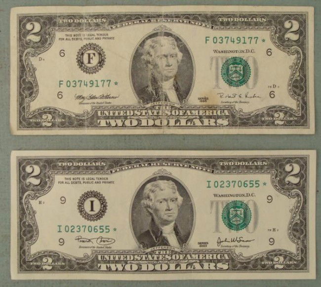 2 Star Notes $2 Two Dollar Bill 1995 F Mint 2003 I Mint: 2 Star Notes $2 Two Dollar Bills 1995 F Mint (Atlanta) 2003 I Mint (Minneapolis)