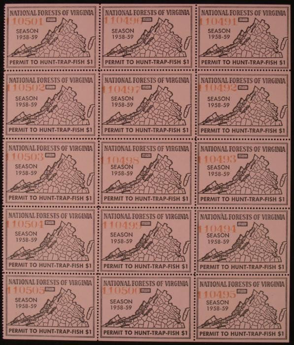 15 Virginia Hunting Trap Fish Stamps Full Sheet 1958: Here is a full sheet of 15 Virginia National Forest Hunting Trapping and Fishing Stamps from the 1958-59 season. They are in mint condition. They are pink with black printing and red numbering. These 